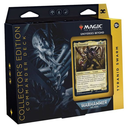 The Collector’s Edition Tyranid Swarm Warhammer 40,000 Commander Deck set includes 1 ready-to-play Green-Blue-Red deck of 100 Surge Foil Magic: The Gathering cards, 1 Surge Foil Display Commander, 10 double-sided Surge Foil tokens, 1 deck box (can hold 100 sleeved cards), 1 life tracker, 1 strategy insert, and 1 reference card.