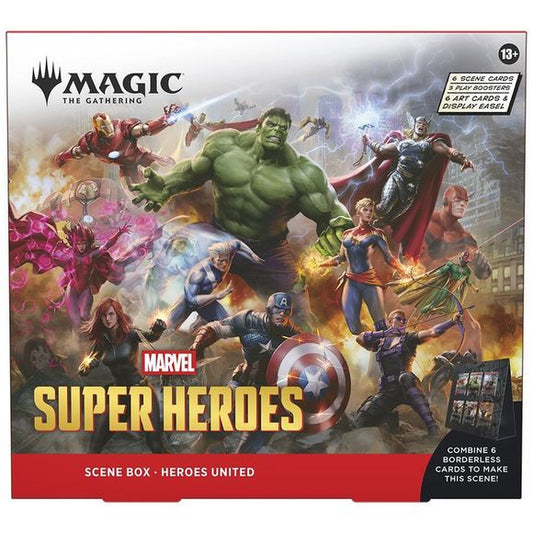 Release Date June 26, 2026
Heroes United
Captain America leads his team to battle against an overwhelming threat. No force in the universe can match the might of Heroes united!
Contents:
• Includes 3 Magic: The Gathering® | Marvel Super Heroes Play Boosters
• Each Play Booster contains 14 Magic: The Gathering cards:
• May contain these cards: MSH 1–384; MAR 41–100
• 1–4 cards of rarity rare or higher (2: 27%; 3: 2%; 4: <1%)
• 3–5 uncommon cards
• 6–9 common cards
• 1 land
• 1 card of any rarity is tradition