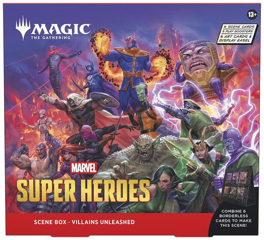 Release Date June 26, 2026
Villains Unleashed
The most dangerous and deadly adversaries of justice stand ready to run amok. How much damage will Doctor Doom and his corrupt cabal cause?
Contents:
• Includes 3 Magic: The Gathering® | Marvel Super Heroes Play Boosters
• Each Play Booster contains 14 Magic: The Gathering cards:
• May contain these cards: MSH 1–384; MAR 41–100
• 1–4 cards of rarity rare or higher (2: 27%; 3: 2%; 4: <1%)
• 3–5 uncommon cards
• 6–9 common cards
• 1 land
• 1 card of any rarity is
