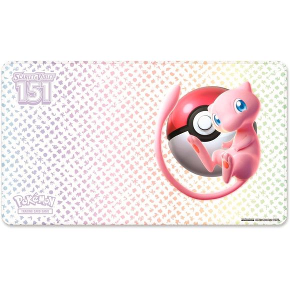A colorful playmat featuring artwork of Mew and the kanto pokedex.