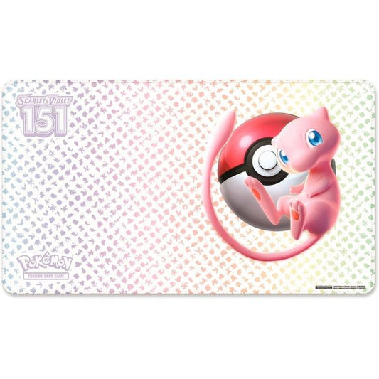 A colorful playmat featuring artwork of Mew and the kanto pokedex.