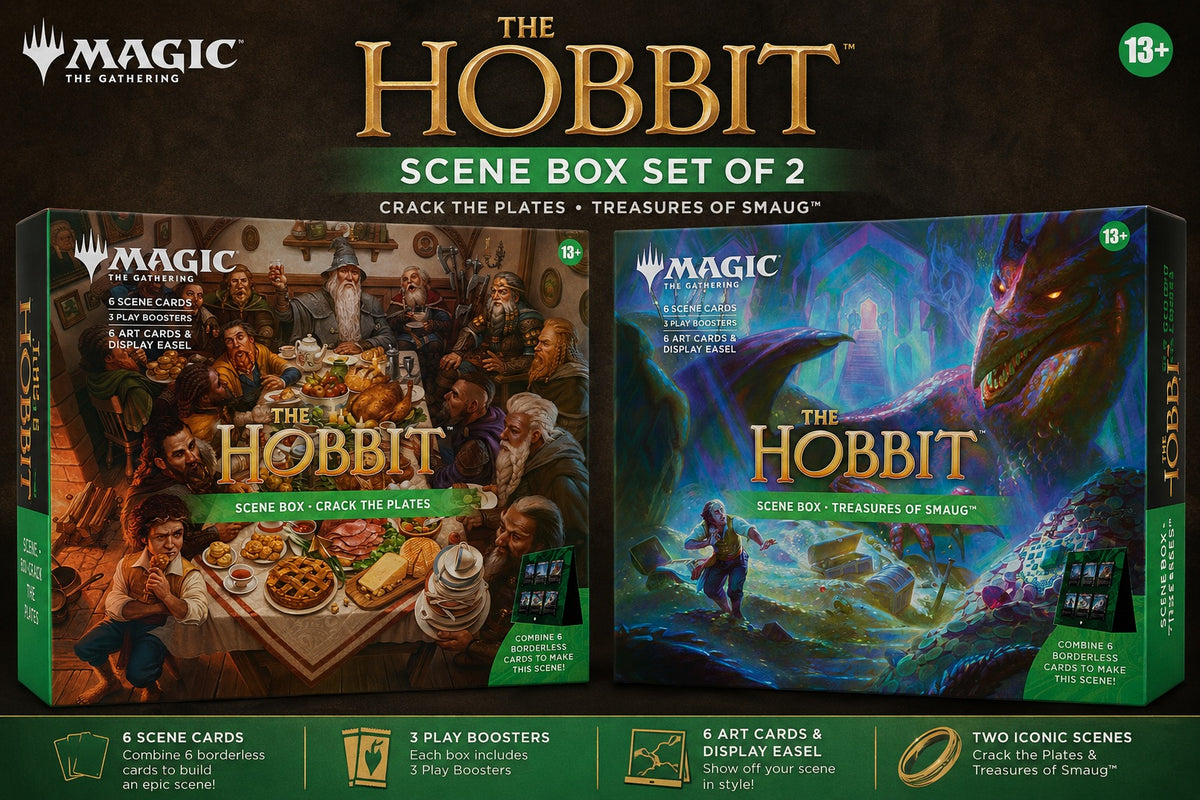 Release Date Aug 14, 2026
Contains one of each Treasures of Smaug and Crack the Plates scene boxes. Each scene box includes:
• 3 Magic: The Gathering® | The Hobbit Play Boosters
• Each Play Booster contains 14 Magic: The Gathering cards:
• May contain these cards: HOB 1–248
• Includes 1–3 cards of rarity Rare or higher (2: 26%; 3: 2%)
• 3–5 Uncommon
• 7–9 Common
• 1 land card
• 1 card of any rarity is Traditional foil
• Foil borderless rare/mythic rare in <1% of boosters
• Traditional foil land replaces a l