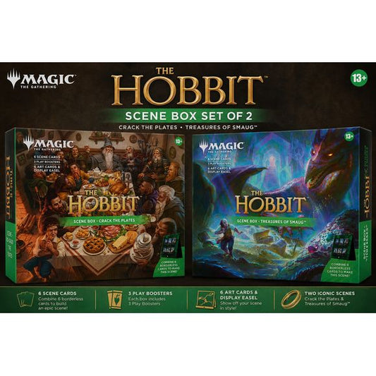 Release Date Aug 14, 2026
Contains one of each Treasures of Smaug and Crack the Plates scene boxes. Each scene box includes:
• 3 Magic: The Gathering® | The Hobbit Play Boosters
• Each Play Booster contains 14 Magic: The Gathering cards:
• May contain these cards: HOB 1–248
• Includes 1–3 cards of rarity Rare or higher (2: 26%; 3: 2%)
• 3–5 Uncommon
• 7–9 Common
• 1 land card
• 1 card of any rarity is Traditional foil
• Foil borderless rare/mythic rare in <1% of boosters
• Traditional foil land replaces a l