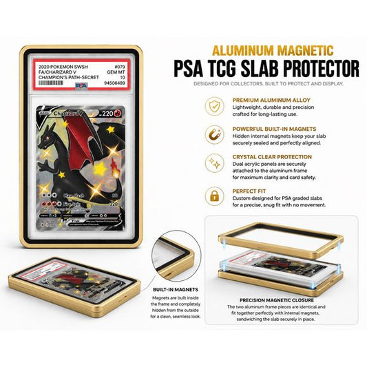 Protect your prized PSA-graded trading cards in style with this Premium Aluminum Magnetic PSA TCG Slab Protector. Designed specifically for PSA slabs, this precision-crafted protector combines a durable aluminum alloy frame with crystal-clear acrylic panels to showcase your collection while helping protect it from everyday scratches, scuffs, and handling.

Hidden internal magnets provide a satisfying, secure closure without visible hardware, creating a clean, seamless appearance. The two precision-machined