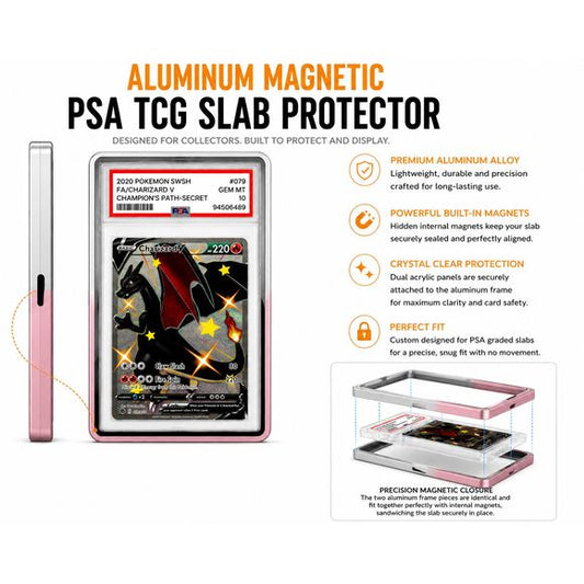 Protect your prized PSA-graded trading cards in style with this Premium Aluminum Magnetic PSA TCG Slab Protector. Designed specifically for PSA slabs, this precision-crafted protector combines a durable aluminum alloy frame with crystal-clear acrylic panels to showcase your collection while helping protect it from everyday scratches, scuffs, and handling.

Hidden internal magnets provide a satisfying, secure closure without visible hardware, creating a clean, seamless appearance. The two precision-machined