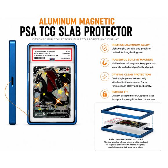 Protect your prized PSA-graded trading cards in style with this Premium Aluminum Magnetic PSA TCG Slab Protector. Designed specifically for PSA slabs, this precision-crafted protector combines a durable aluminum alloy frame with crystal-clear acrylic panels to showcase your collection while helping protect it from everyday scratches, scuffs, and handling.

Hidden internal magnets provide a satisfying, secure closure without visible hardware, creating a clean, seamless appearance. The two precision-machined