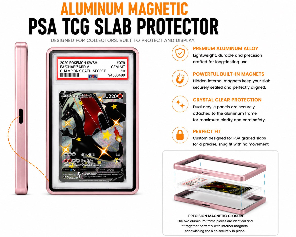 Protect your prized PSA-graded trading cards in style with this Premium Aluminum Magnetic PSA TCG Slab Protector. Designed specifically for PSA slabs, this precision-crafted protector combines a durable aluminum alloy frame with crystal-clear acrylic panels to showcase your collection while helping protect it from everyday scratches, scuffs, and handling.

Hidden internal magnets provide a satisfying, secure closure without visible hardware, creating a clean, seamless appearance. The two precision-machined