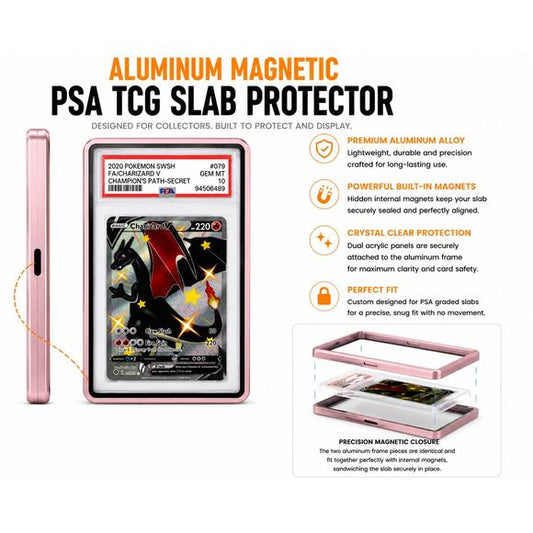 Protect your prized PSA-graded trading cards in style with this Premium Aluminum Magnetic PSA TCG Slab Protector. Designed specifically for PSA slabs, this precision-crafted protector combines a durable aluminum alloy frame with crystal-clear acrylic panels to showcase your collection while helping protect it from everyday scratches, scuffs, and handling.

Hidden internal magnets provide a satisfying, secure closure without visible hardware, creating a clean, seamless appearance. The two precision-machined