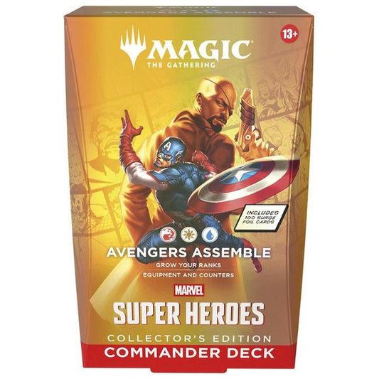 Bring the might of the Marvel Universe to the battlefield as you combat your friends in Commander, Magic’s most popular multiplayer format. Includes 1 ready-to-play deck of 100 Magic cards in surge foil treatment, 10 double-sided token cards, 1 deck box (can hold 100 sleeved cards), 1 strategy insert, and 1 reference card.