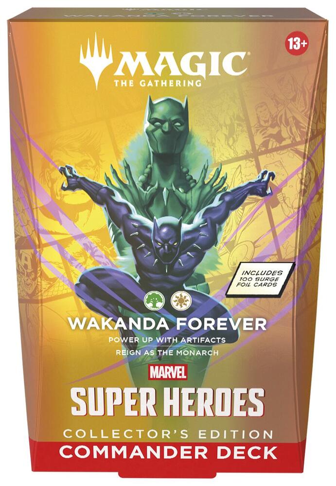 Bring the might of the Marvel Universe to the battlefield as you combat your friends in Commander, Magic’s most popular multiplayer format. Includes 1 ready-to-play deck of 100 Magic cards in surge foil treatment, 10 double-sided token cards, 1 deck box (can hold 100 sleeved cards), 1 strategy insert, and 1 reference card.