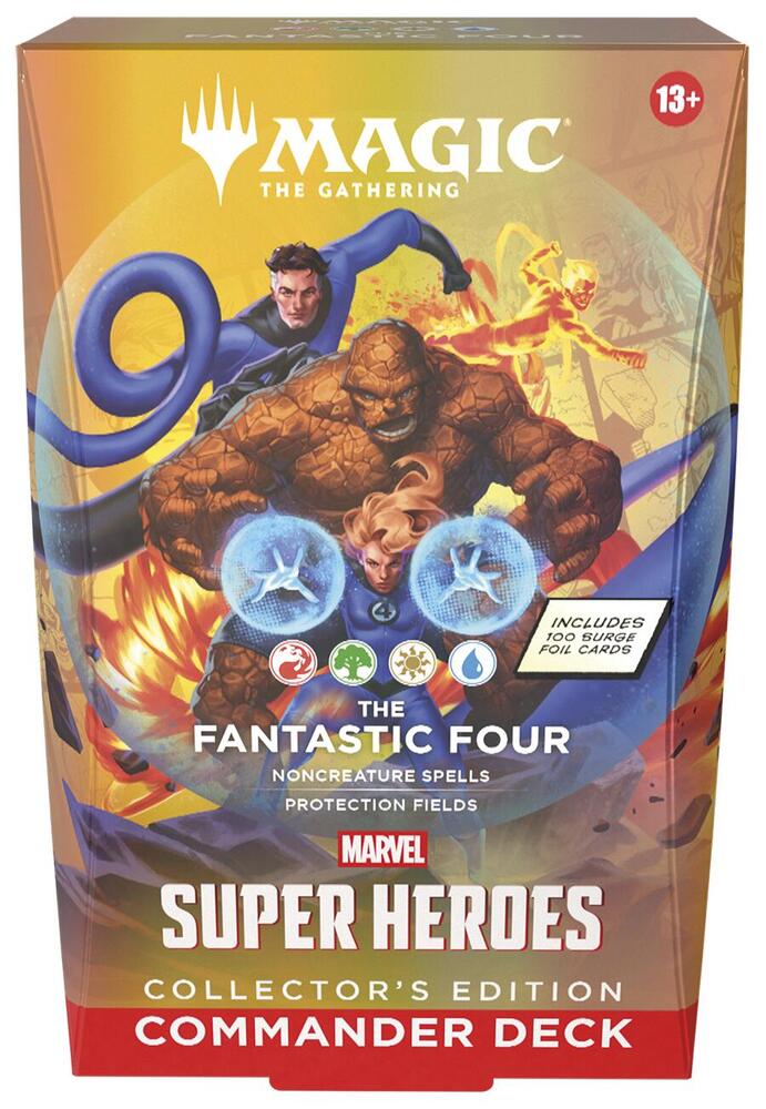 Bring the might of the Marvel Universe to the battlefield as you combat your friends in Commander, Magic’s most popular multiplayer format. Includes 1 ready-to-play deck of 100 Magic cards in surge foil treatment, 10 double-sided token cards, 1 deck box (can hold 100 sleeved cards), 1 strategy insert, and 1 reference card.