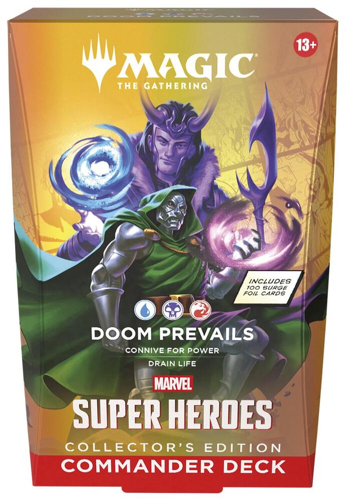 Bring the might of the Marvel Universe to the battlefield as you combat your friends in Commander, Magic’s most popular multiplayer format. Includes 1 ready-to-play deck of 100 Magic cards in surge foil treatment, 10 double-sided token cards, 1 deck box (can hold 100 sleeved cards), 1 strategy insert, and 1 reference card.