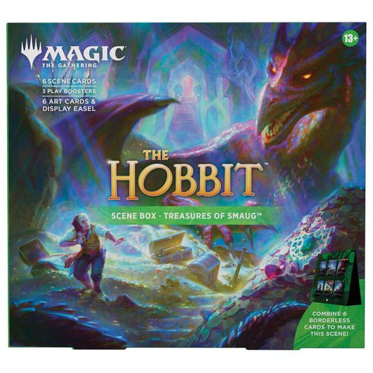 Inside The Lonely Mountain at last, Bilbo encounters Smaug™ and the treasure hoard of Erebor. Can he talk his way out of a fiery confrontation?
Contents:
• 3 Magic: The Gathering® | The Hobbit™Play Boosters
• Each Play Booster contains 14 Magic: The Gathering cards:
• May contain these cards: HOB 1–248
• Includes 1–3 cards of rarity Rare or higher (2: 26%; 3: 2%)
• 3–5 Uncommon
• 7–9 Common
• 1 land card
• 1 card of any rarity is Traditional foil
• Foil borderless rare/mythic rare in <1% of boosters
• Tradi