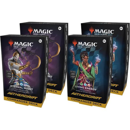 Release Date: 02/14/2025
This bundle includes 2 of each Aetherdrift Commander Deck, with 2 Living Energy decks and 2 Eternal Might decks. Each includes 1 deck of 100 Magic cards (98 nonfoil cards and 2 Traditional Foil Borderless Legendary cards), a 2-card Collector Booster Sample Pack (contains 1 Traditional Foil or nonfoil alt-border card of rarity Rare or higher and 1 Traditional Foil Uncommon card), 10 double-sided tokens, 1 deck box (can hold 100 sleeved cards), 1 strategy insert, and 1 reference card.