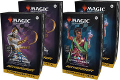 Release Date: 02/14/2025
This bundle includes 2 of each Aetherdrift Commander Deck, with 2 Living Energy decks and 2 Eternal Might decks. Each includes 1 deck of 100 Magic cards (98 nonfoil cards and 2 Traditional Foil Borderless Legendary cards), a 2-card Collector Booster Sample Pack (contains 1 Traditional Foil or nonfoil alt-border card of rarity Rare or higher and 1 Traditional Foil Uncommon card), 10 double-sided tokens, 1 deck box (can hold 100 sleeved cards), 1 strategy insert, and 1 reference card.