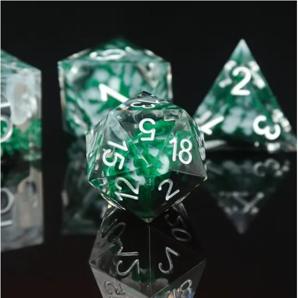 A 7 pcs Polyhedral dice set used for Dungeons and Dragons, Pathfinder, RPG Games, and more.