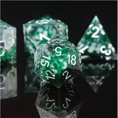 A 7 pcs Polyhedral dice set used for Dungeons and Dragons, Pathfinder, RPG Games, and more.