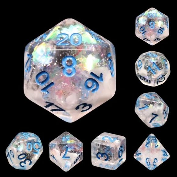 The perfect companion for your gaming needs! These HD acrylic dice are exactly what you've been searching for that upcoming game night with the group. This set includes one of each: d20, d12, d10, d10 (percentile), d8, d6, and a d4 (7 dice in total) in a