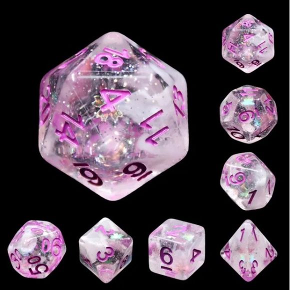 The perfect companion for your gaming needs! These HD acrylic dice are exactly what you've been searching for that upcoming game night with the group. This set includes one of each: d20, d12, d10, d10 (percentile), d8, d6, and a d4 (7 dice in total) in a