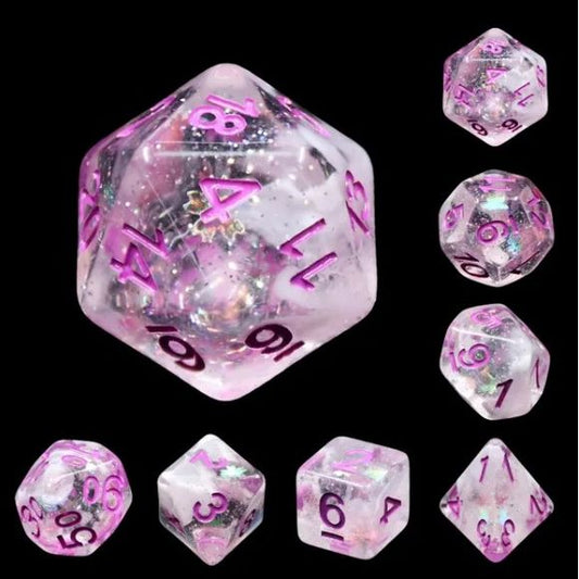 The perfect companion for your gaming needs! These HD acrylic dice are exactly what you've been searching for that upcoming game night with the group. This set includes one of each: d20, d12, d10, d10 (percentile), d8, d6, and a d4 (7 dice in total) in a