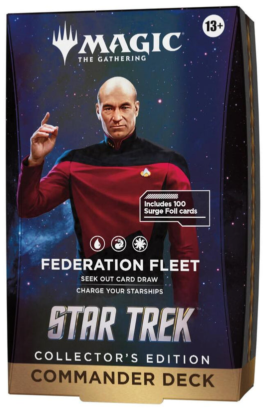Release Date: 11/13/2026

<p>Boldly lead the Federation to victory with the <strong>Magic: The Gathering | Star Trek – Federation Fleet Collector's Edition Commander Deck</strong>! Command your fleet alongside Jean-Luc Picard, strengthen your crew, and power up legendary starships in this exciting Universes Beyond crossover. This premium, ready-to-play 100-card Commander deck features stunning Surge Foil treatments on every card, including a borderless foil commander and 32 new-to-Magic cards. Perfect for S