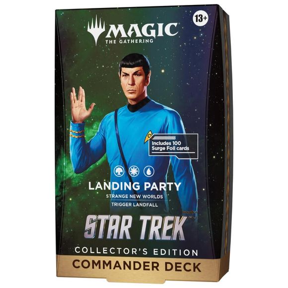Release Date: 11/13/2026

<p>Explore strange new worlds with the <strong>Magic: The Gathering | Star Trek – Landing Party Collector's Edition Commander Deck</strong>! Led by the legendary Commander Spock, this premium 100-card deck focuses on landfall strategies and powerful bonuses for controlling lands with different names. Harness the power of exploration, expand your mana resources, and outmaneuver opponents in thrilling multiplayer Commander battles. Every card features a stunning Surge Foil treatment,