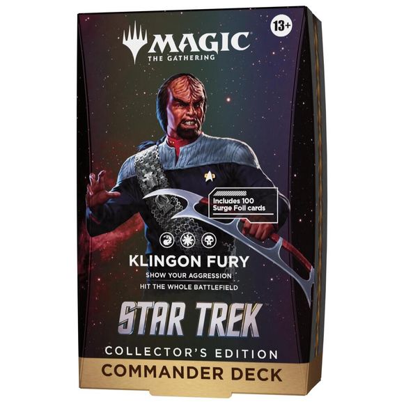 Release Date: 11/13/2026

<p>Bring honor and glory to the Klingon Empire with the <strong>Magic: The Gathering | Star Trek – Klingon Fury Collector's Edition Commander Deck</strong>! Led by the legendary Worf, this aggressive 100-card Commander deck rewards bold combat strategies and attacking multiple opponents simultaneously. Unleash powerful Klingon Warriors, overwhelm your enemies, and prove your strength in thrilling multiplayer battles. Every card features a stunning Surge Foil treatment, including a