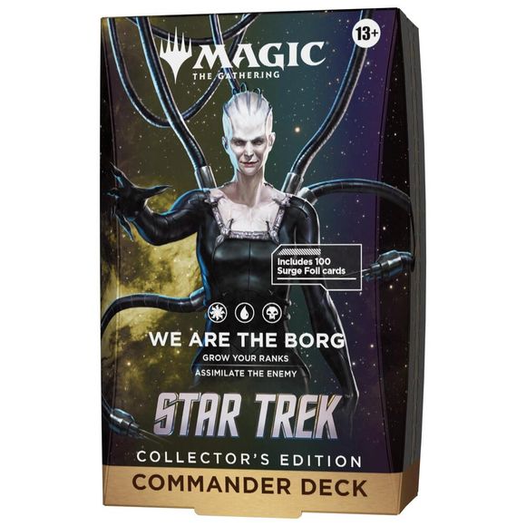 Release Date: 11/13/2026.

<p>Resistance is futile! Assimilate your opponents with the <strong>Magic: The Gathering | Star Trek – We Are the Borg Collector's Edition Commander Deck</strong>! Led by the fearsome Borg Queen, this premium 100-card deck focuses on creating powerful Borg tokens, overwhelming enemies, and assimilating opposing creatures into your growing Collective. Every card features a stunning Surge Foil treatment, including a borderless foil commander, making this deck a must-have for Star Tr