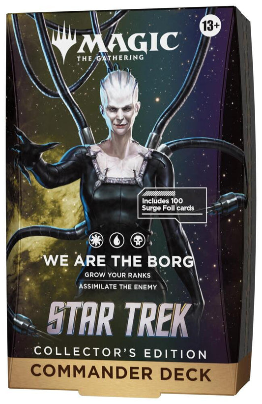 Release Date: 11/13/2026.

<p>Resistance is futile! Assimilate your opponents with the <strong>Magic: The Gathering | Star Trek – We Are the Borg Collector's Edition Commander Deck</strong>! Led by the fearsome Borg Queen, this premium 100-card deck focuses on creating powerful Borg tokens, overwhelming enemies, and assimilating opposing creatures into your growing Collective. Every card features a stunning Surge Foil treatment, including a borderless foil commander, making this deck a must-have for Star Tr
