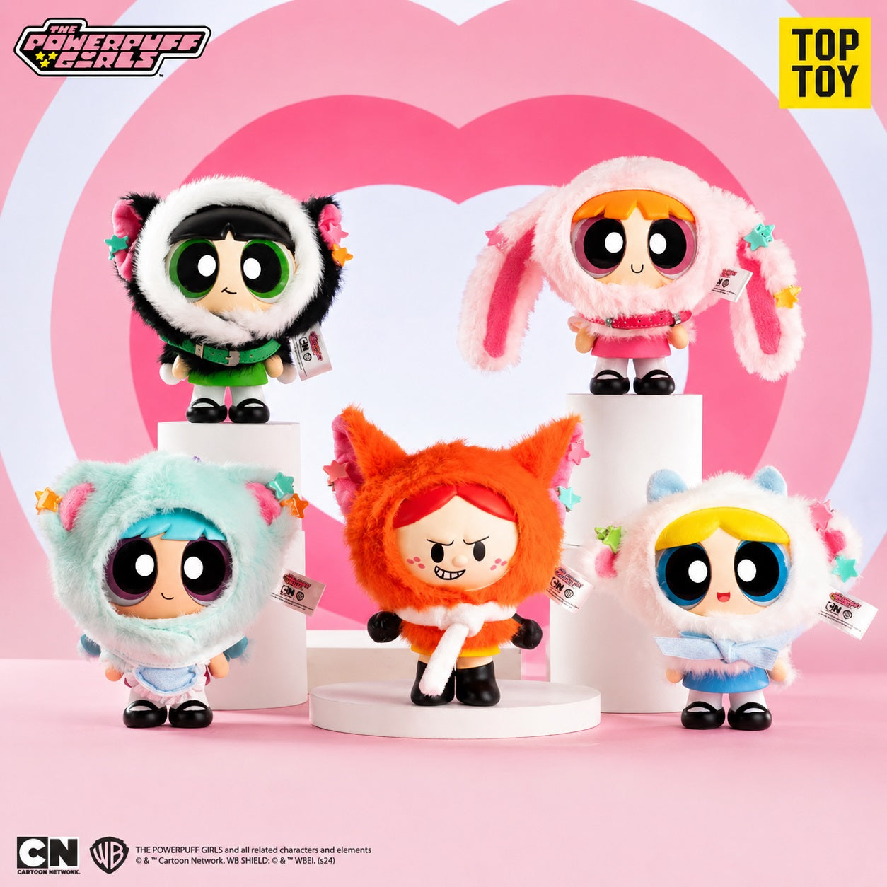 The Powerpuff Girls get an adorable animal-inspired makeover with the TOP TOY MGL Powerpuff Girls Animal Cape Series! Each blind box contains 1 random plush figure keychain featuring a Powerpuff Girls character dressed in a soft and fuzzy animal cape.

This collection gives familiar characters a playful new look with fluffy textures, colorful animal ears, tiny accessories, and signature character details. Each plush also includes an attached keychain, making it perfect for displaying on bags, backpacks, or