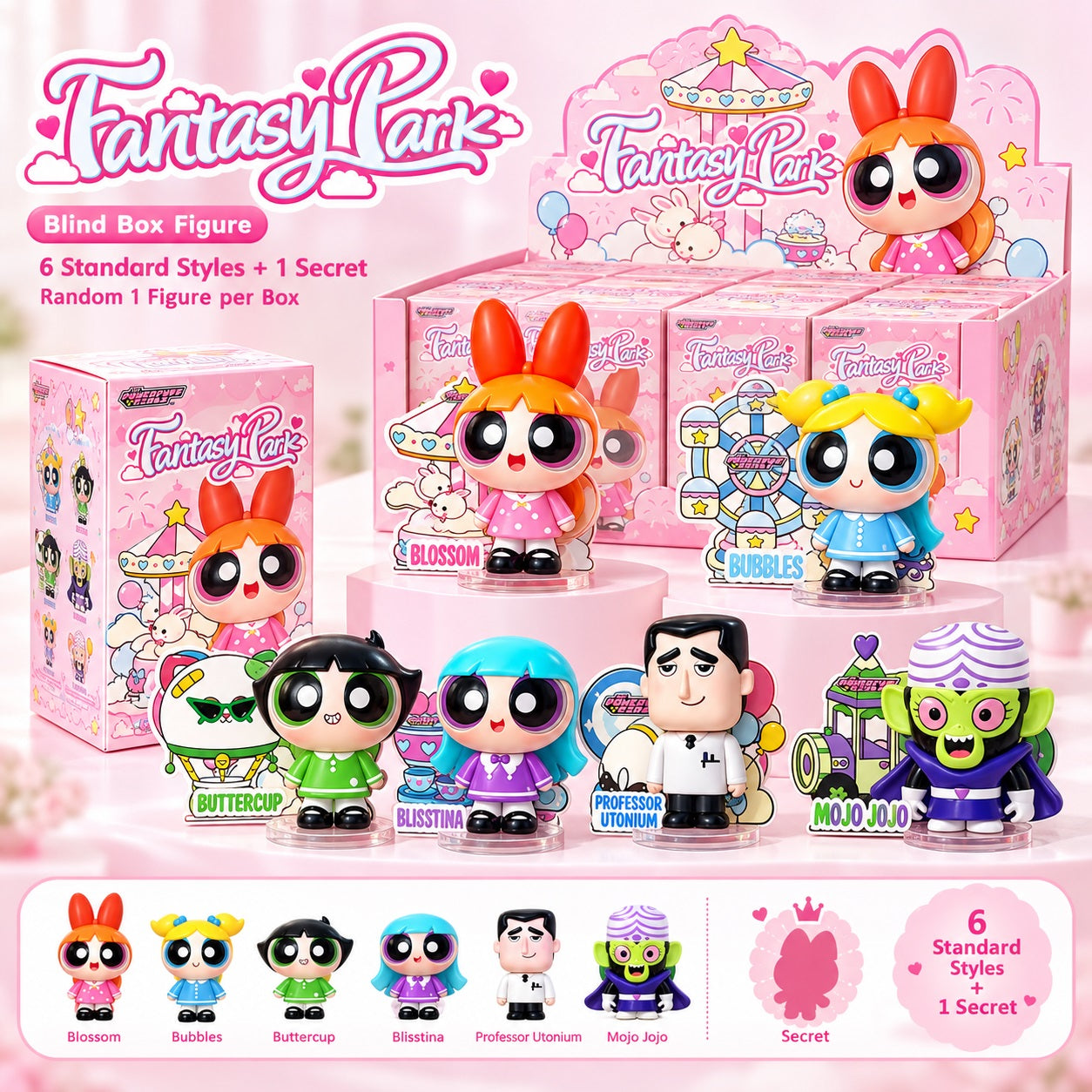 <p><strong>Each box contains 1 random figure from The Powerpuff Girls Fantasy Park Series. Specific designs cannot be selected.</strong></p>

<p>Step into a colorful amusement park adventure with the <strong>TOP TOY The Powerpuff Girls Fantasy Park Series</strong> blind box collection!</p>

<p>This officially licensed Cartoon Network series features adorable chibi-style figures of <strong>Blossom, Bubbles, Buttercup, Professor Utonium, Mojo Jojo</strong>, and more, each paired with a playful fantasy park-th