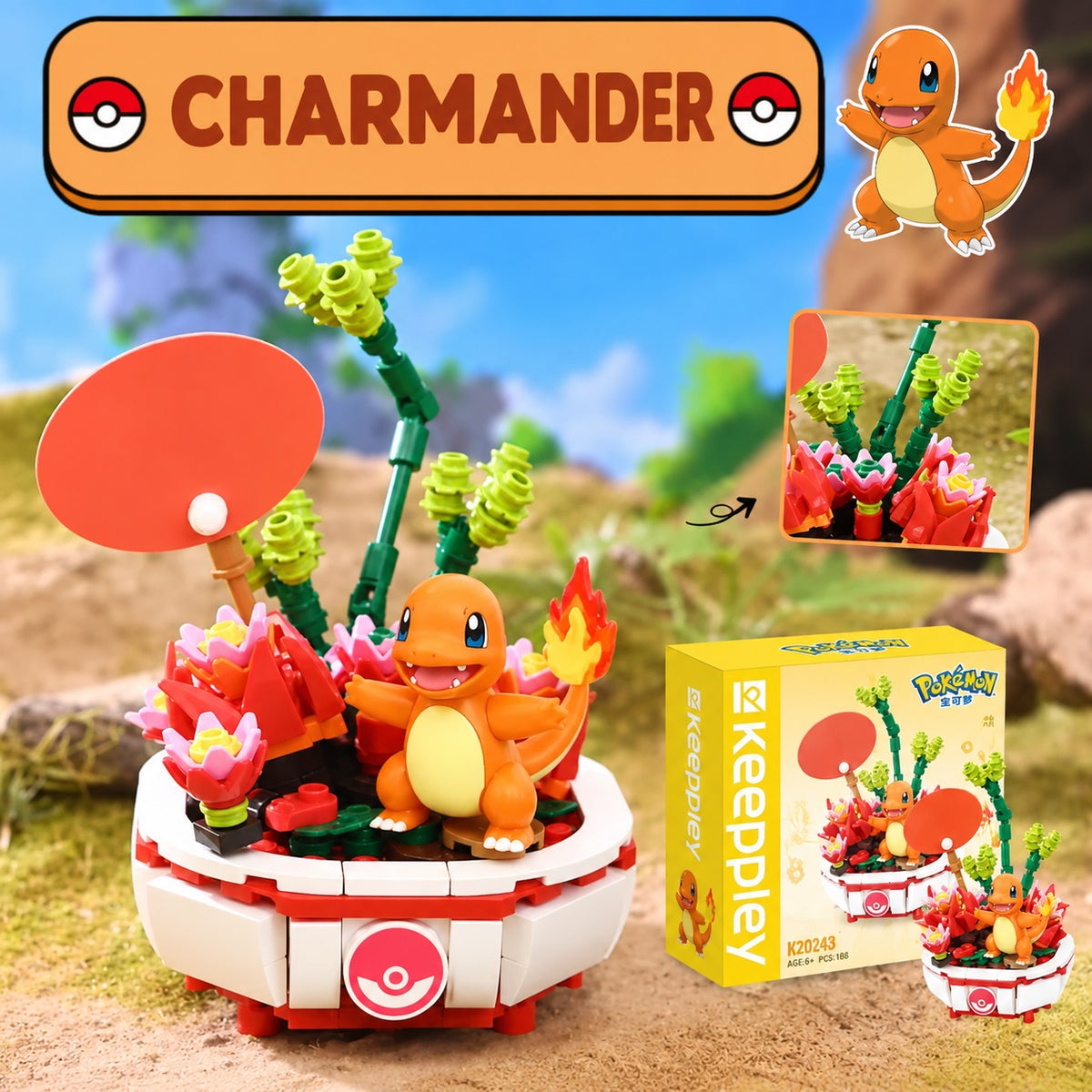<p>Bring the fiery spirit of Charmander to your Pokemon collection with the <strong>Keeppley Pokemon Charmander Building Block Display Set</strong>!</p>

<p>Featuring one of the most beloved original starter Pokemon, this officially licensed building block set brings Charmander to life in a colorful, nature-inspired display. Surrounded by vibrant red and pink flowers, lush green plants, and flame-inspired details, Charmander stands proudly with its signature fiery tail and cheerful expression.</p>

<p>Build