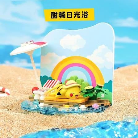 <p>Enjoy a relaxing day in paradise with the <strong>Keeppley Pokemon Pikachu Soaking Up the Sun Sunbathing Building Set</strong>! Featuring everyone's favorite Electric-type Pokemon lounging in the sunshine, this officially licensed Pokemon building set captures Pikachu enjoying a peaceful tropical getaway in an adorable beach-themed miniature display.</p>

<p>Pikachu takes center stage, happily resting on a yellow beach lounger while wearing a cute sun hat. Surrounded by crystal-blue water, tropical green