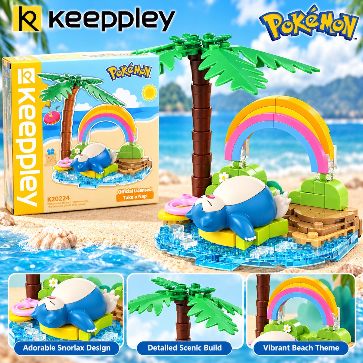 <p>Take a tropical vacation with Snorlax in the <strong>Keeppley Pokemon Snorlax Take a Nap Building Block Set</strong>!</p>

<p>Inspired by the world of Pokemon, this officially licensed building block set features an adorable Snorlax enjoying a peaceful nap beside the ocean. Surrounded by a colorful rainbow, swaying palm tree, and sparkling blue water, this charming beachside scene captures the perfect moment of relaxation.</p>

<p>Build your own miniature Pokemon paradise with detailed scenery, including