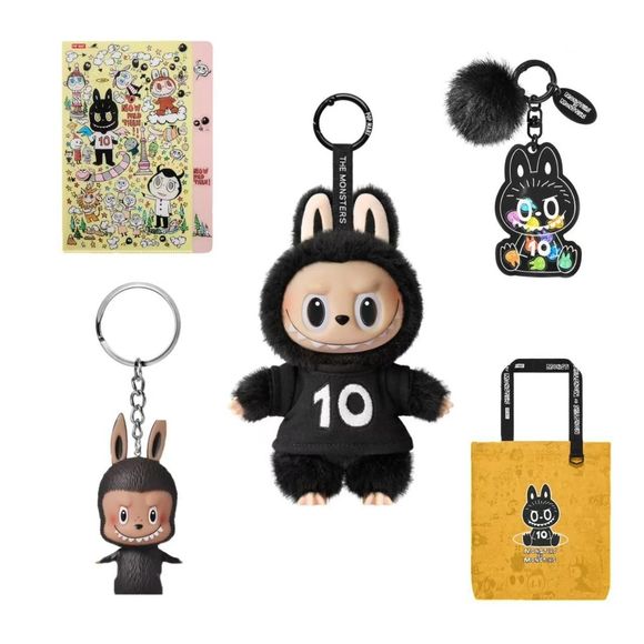 Bundle Includes:

Anniversary Tote Bag featuring signature LABUBU 10th Anniversary artwork

Anniversary Sticker Sheet / Stationary packed with colorful Monsters illustrations

Commemorative Boxed 10th Anniversary Labubu Mini Plush Pendant

Commemorative Boxed Mini Figure (blind assortment)

Limited Edition 10th Anniversary Charm with pom-pom accent