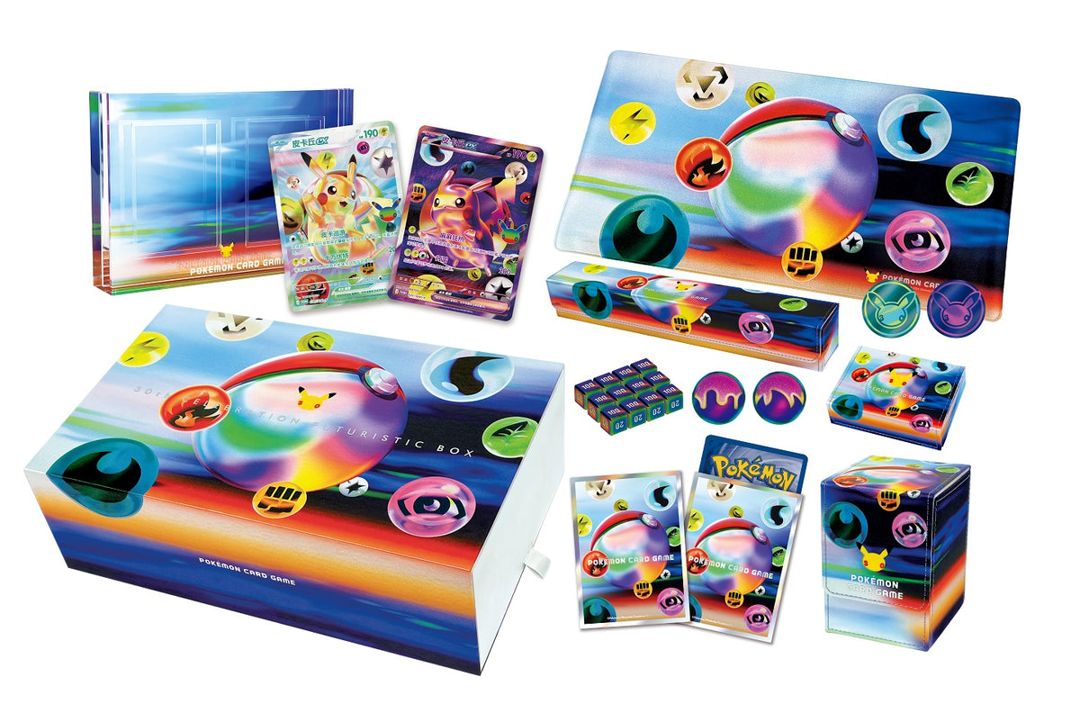 <p>Celebrate 30 years of the Pokémon Trading Card Game with the premium <strong>Pokémon TCG Simplified Chinese 30th Celebration Futuristic Commemorative Gift Box</strong>!</p>

<p>This special Mainland China anniversary release features a complete collection of premium Pokémon TCG accessories designed with artwork from acclaimed Japanese graphic artist <strong>YOSHIROTTEN</strong>.</p>

<p>At the center of the collection are <strong>two special Pikachu ex collector foil cards</strong> featuring the distinct