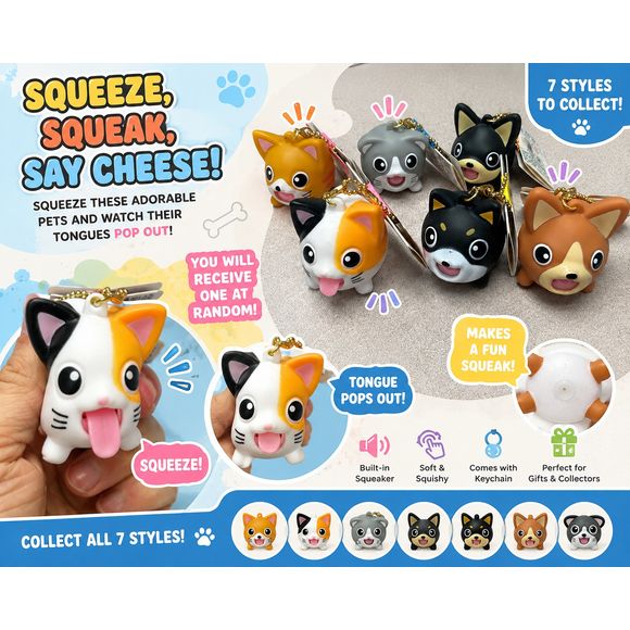Get ready for endless laughs with the Cute Squishy Animal Tongue Pop Squeeze Toy Keychain! These adorable animal companions aren't just cute—they're interactive! Give them a gentle squeeze and watch their silly tongue pop out while they let out a fun squeak, making them the perfect fidget toy, keychain, and collectible all in one.

Each toy features a soft, squishy body with an attached keychain, making it easy to clip onto backpacks, purses, keys, or zipper pulls. With 7 adorable animal designs to collect,