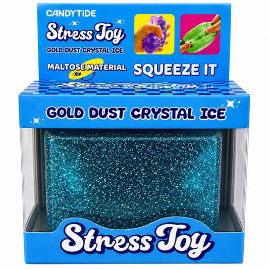 The Gold Dust Crystal Ice Stress Toy features a large glitter-filled cube design with an ultra-squishy and stretchy texture for a satisfying sensory experience. Packed with sparkling glitter throughout, this soft stress cube is perfect for squeezing, stretching, fidgeting, and stress relief. Its oversized cube shape and glossy crystal-like appearance make it both eye-catching and fun to play with.  Assorted colors.