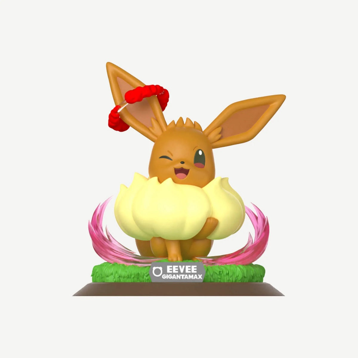 Celebrate one of Pokémon's most beloved partners with the Funism Pokémon Twinkment Shining Moment Series Gigantamax Eevee Figure! This officially licensed PVC statue captures Gigantamax Eevee in an adorable winking pose, complete with its signature fluffy collar, oversized tail, and dynamic pink energy effects. Standing approximately 5 inches (127 mm) tall, this beautifully sculpted figure features vibrant colors, premium paint applications, and a detailed display base inspired by Eevee's Gigantamax transfo