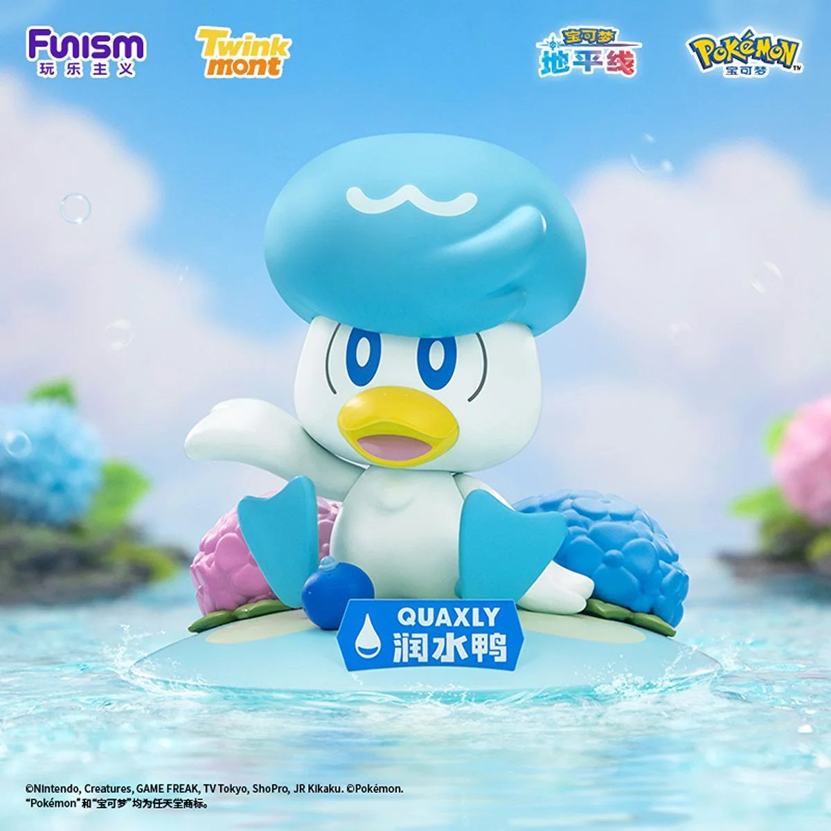 <p>Add the stylish Water-type starter <strong>Quaxly</strong> to your Pokémon collection with this officially licensed <strong>Funism x Twinkmont Pokémon collectible figure</strong>!</p>

<p>This charming display piece features Quaxly relaxing in a colorful waterside scene surrounded by hydrangea-style flowers and translucent water effects. The sculpt captures Quaxly’s cheerful personality with its signature blue crest, bright expression, and clean character styling.</p>

<p>Designed for the Mainland China