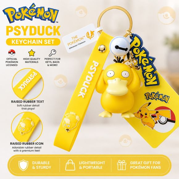 ake your favorite confused Water-type Pokémon wherever you go with this adorable Psyduck Keychain! Featuring a detailed 3D Psyduck charm, this officially licensed Pokémon accessory combines playful style with practical everyday use.

The keychain includes a durable wrist strap made from soft-touch rubber, complete with raised "Psyduck" lettering and a matching raised Psyduck icon for added texture and premium detail. A colorful Pokémon logo charm and Poké Ball-themed accent complete the design, making it a