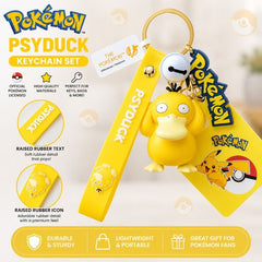 ake your favorite confused Water-type Pokémon wherever you go with this adorable Psyduck Keychain! Featuring a detailed 3D Psyduck charm, this officially licensed Pokémon accessory combines playful style with practical everyday use.

The keychain includes a durable wrist strap made from soft-touch rubber, complete with raised "Psyduck" lettering and a matching raised Psyduck icon for added texture and premium detail. A colorful Pokémon logo charm and Poké Ball-themed accent complete the design, making it a