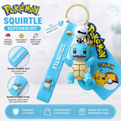 Take your favorite Water-type starter wherever you go with the Pokémon Squirtle Keychain Set! This officially licensed Pokémon accessory features an adorable 3D Squirtle figure paired with premium rubber charms and a durable wrist strap, making it the perfect accessory for keys, backpacks, purses, and more.

Designed with vibrant colors and high-quality materials, this collectible keychain is both fun and functional. The soft-touch rubber wrist strap features raised "Squirtle" lettering and a matching Squir