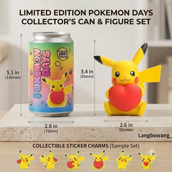 Celebrate your love for Pokémon with this adorable Pokémon Days Love Pikachu Figure & Collector Can Set from Langbowang! Featuring Pikachu happily holding a bright red heart, this charming collectible captures the warmth and joy of everyone's favorite Electric-type Pokémon.

The set includes a detailed Pikachu display figure and a colorful Pokémon-themed collector can decorated with matching artwork. Select releases may also include Pokémon-themed sticker accessories, making each set even more fun for colle