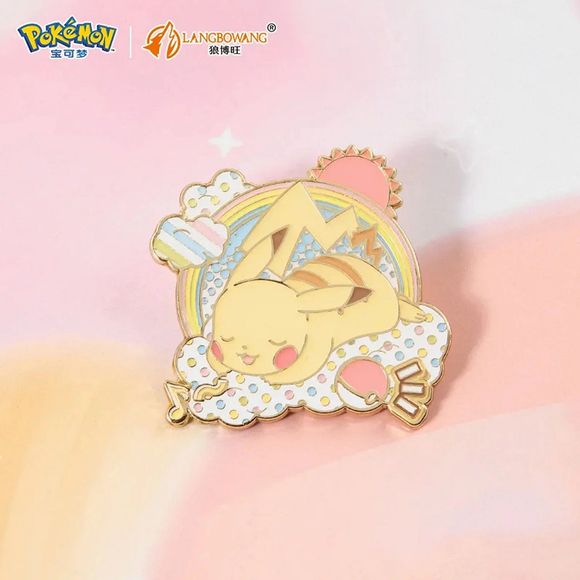 Catch one of Pokémon's most beloved icons at its cutest with the Langbowang Pokémon Nijiiro Pop Series Sleeping Pikachu Metal Enamel Pin Badge! This adorable pin features Pikachu peacefully napping on a fluffy cloud beneath a colorful rainbow, surrounded by pastel accents, stars, music notes, and Poké Ball details that perfectly capture the whimsical style of the Nijiiro Pop Series.

Part of Langbowang's Nijiiro Pop Series, this premium-quality hard enamel pin showcases vibrant pastel colors, polished gold-