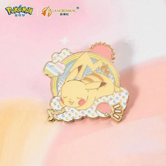 Catch one of Pokémon's most beloved icons at its cutest with the Langbowang Pokémon Nijiiro Pop Series Sleeping Pikachu Metal Enamel Pin Badge! This adorable pin features Pikachu peacefully napping on a fluffy cloud beneath a colorful rainbow, surrounded by pastel accents, stars, music notes, and Poké Ball details that perfectly capture the whimsical style of the Nijiiro Pop Series.

Part of Langbowang's Nijiiro Pop Series, this premium-quality hard enamel pin showcases vibrant pastel colors, polished gold-