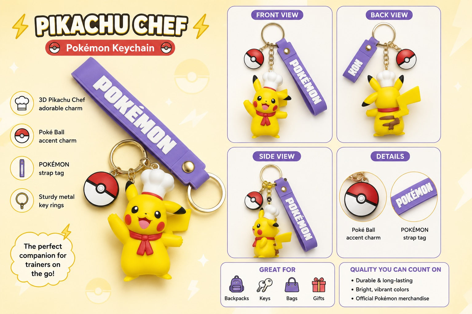 Add a dash of Pokémon fun to your everyday accessories with this adorable Pikachu Chef Keychain! Featuring Pikachu dressed in a chef's hat and red neckerchief, this charming 3D keychain is ready to bring a smile wherever you go.

The keychain includes a detailed Pikachu figure, a classic Poké Ball charm, and a durable Pokémon-branded wrist strap for easy carrying and attachment to keys, backpacks, purses, or luggage. Crafted from soft-touch PVC with vibrant colors and officially licensed Pokémon styling, it