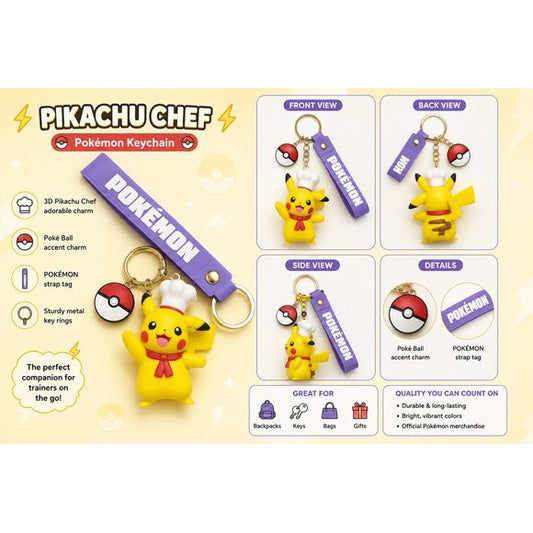 Add a dash of Pokémon fun to your everyday accessories with this adorable Pikachu Chef Keychain! Featuring Pikachu dressed in a chef's hat and red neckerchief, this charming 3D keychain is ready to bring a smile wherever you go.

The keychain includes a detailed Pikachu figure, a classic Poké Ball charm, and a durable Pokémon-branded wrist strap for easy carrying and attachment to keys, backpacks, purses, or luggage. Crafted from soft-touch PVC with vibrant colors and officially licensed Pokémon styling, it