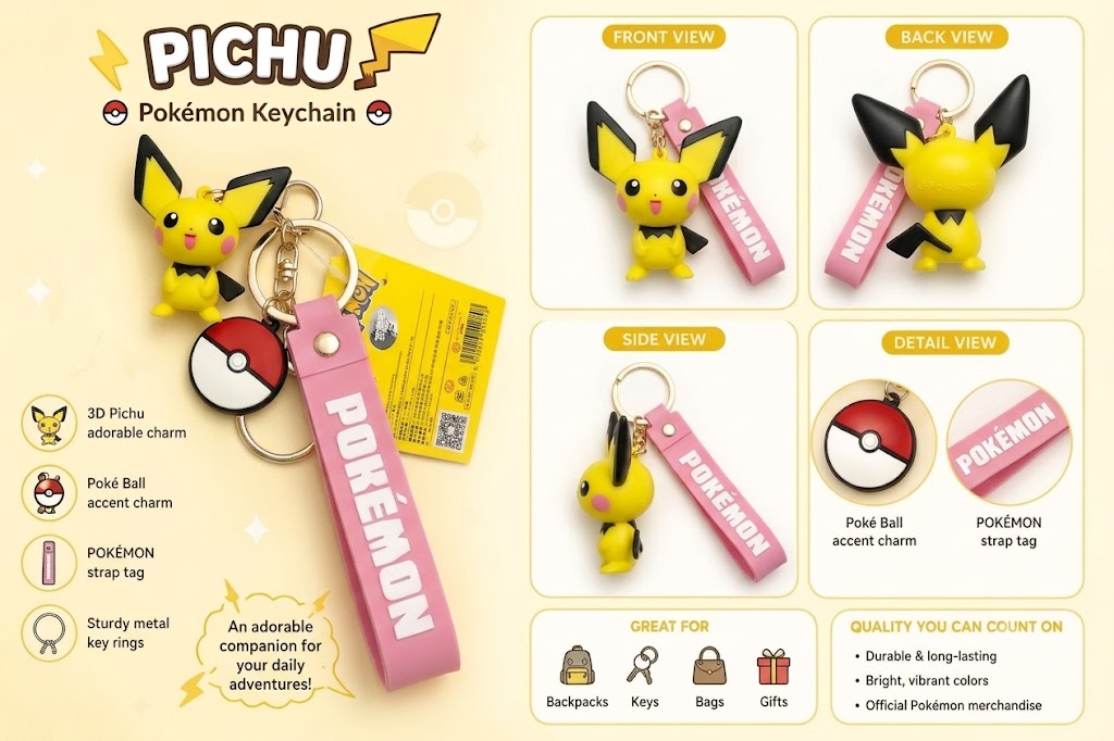 Carry a little Pokémon happiness wherever you go with this adorable Pichu Keychain! Featuring a detailed 3D Pichu figure with its signature oversized ears, rosy cheeks, and cheerful smile, this charming accessory is perfect for Pokémon Trainers and collectors alike.

The keychain includes a classic Poké Ball accent charm, a durable Pokémon-branded pink wrist strap, and sturdy metal hardware for easy attachment to keys, backpacks, purses, luggage, and more. Made from high-quality PVC with vibrant colors and