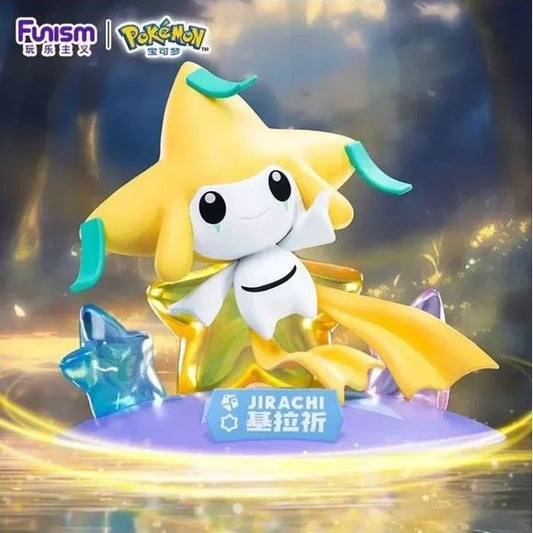 Make a wish with the Funism Twinkmont Pokémon Jirachi Prime Figure! This premium mini PVC statue beautifully captures the Mythical Pokémon floating above a shimmering crystal-inspired base with translucent star effects that highlight Jirachi's magical appearance. Standing approximately 3.5 inches tall, this officially licensed Pokémon collectible features vibrant colors, exceptional sculpting, and elegant details that bring one of Pokémon's most beloved Mythical Pokémon to life.

Part of Funism's popular Tw